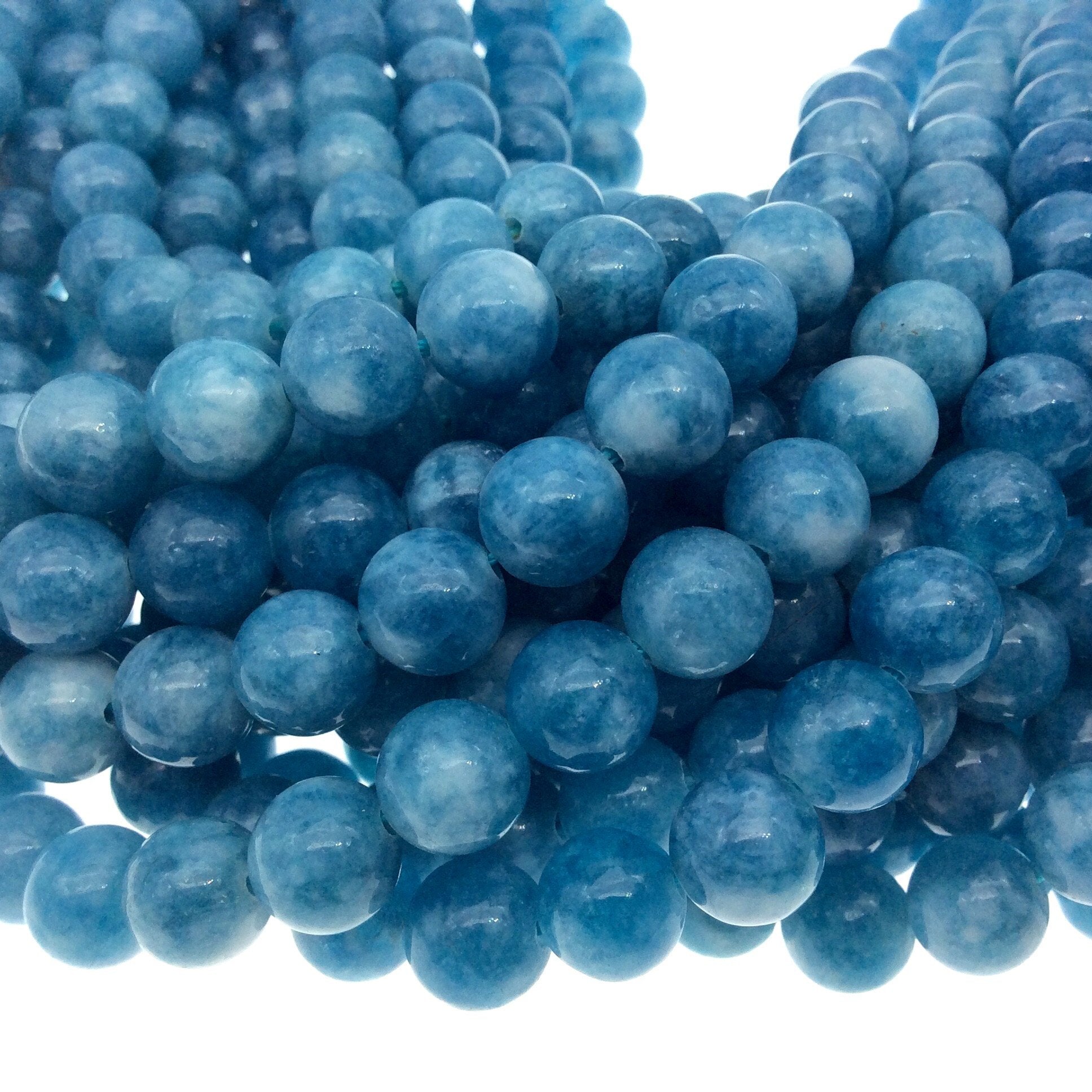 8mm Glossy Smooth Dyed Deep Sea Blue Mottled Natural Jade Round/Ball Shaped Beads - Sold by 14.5" Strands (~ 47 Beads) - Quality Gemstone