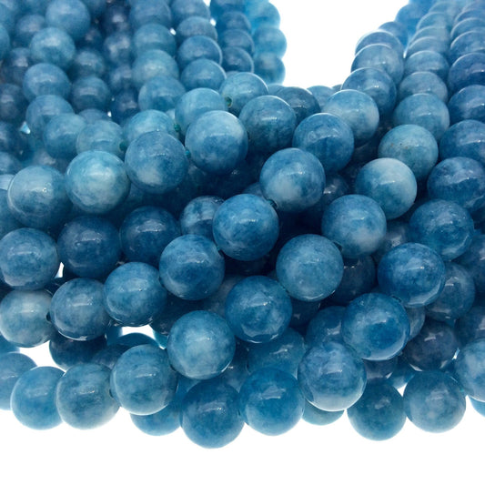 8mm Glossy Smooth Dyed Deep Sea Blue Mottled Natural Jade Round/Ball Shaped Beads - Sold by 14.5" Strands (~ 47 Beads) - Quality Gemstone
