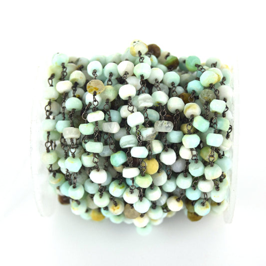 Gunmetal Plated Copper Wrapped Rosary Chain with 6mm Faceted Natural Amazonite Rondelle Shaped Beads