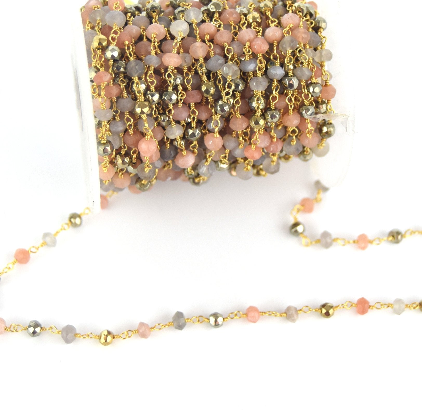 Gold Plated Rosary Chain with 4mm Faceted Mixed Moonstone/Pyrite Beads - Semi-Precious Beads