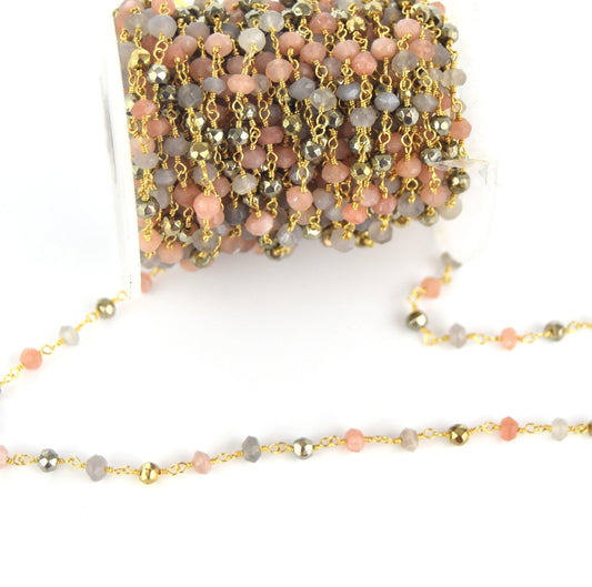 Gold Plated Rosary Chain with 4mm Faceted Mixed Moonstone/Pyrite Beads - Semi-Precious Beads