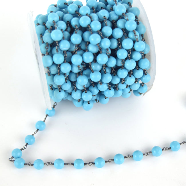 Gunmetal Plated Copper Rosary Chain with 7mm Round Shaped Reconstituted Blue Turquoise Beads