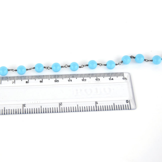 Gunmetal Plated Copper Rosary Chain with 7mm Round Shaped Reconstituted Blue Turquoise Beads