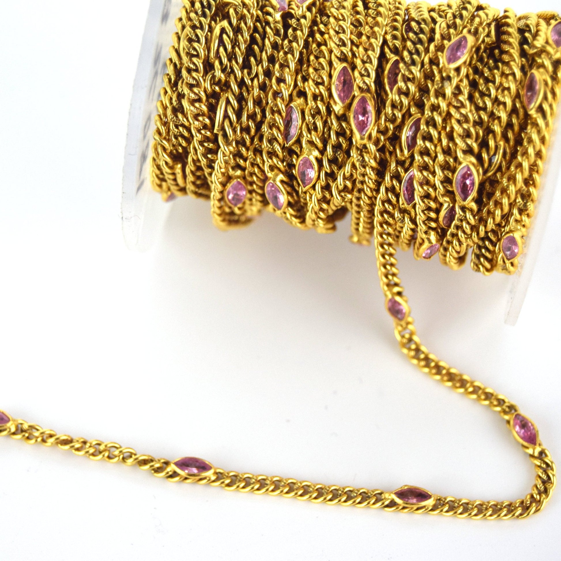 Gold Plated Copper Spaced 6mm Faceted Pink Hydro Quartz Marquise Bezel Link Rosary Chain