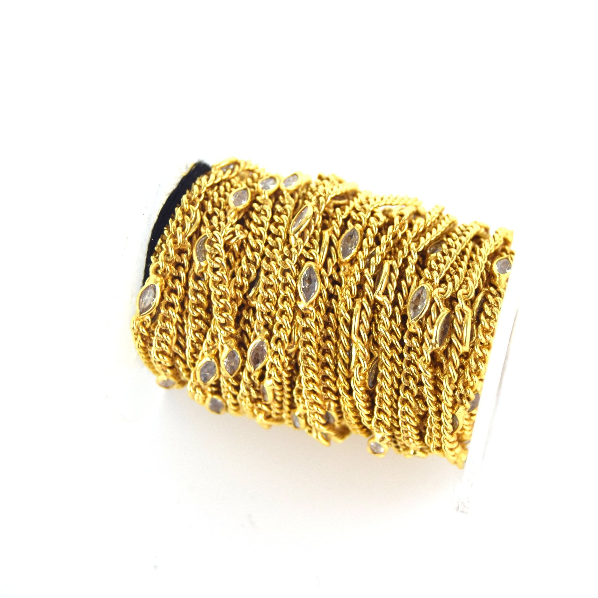 Gold Plated Copper with 6mm Faceted Clear Hydro Quartz Marquise Spaced Bezel Link Rosary Chain