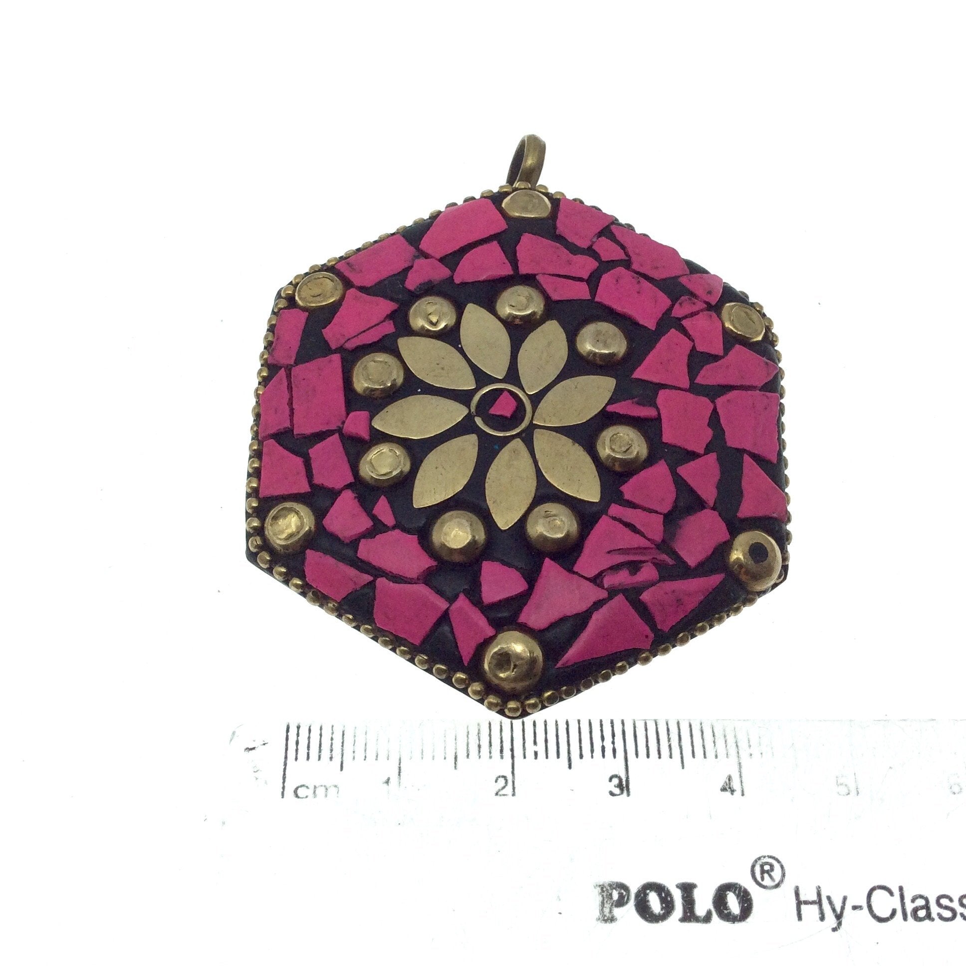 OOAK 2" Black/Pink Natural Stone and Resin Rustic Mosaic Hexagon Shape Gold Plated Pendant W Brass Insets  ~ 55mm x 55mm.