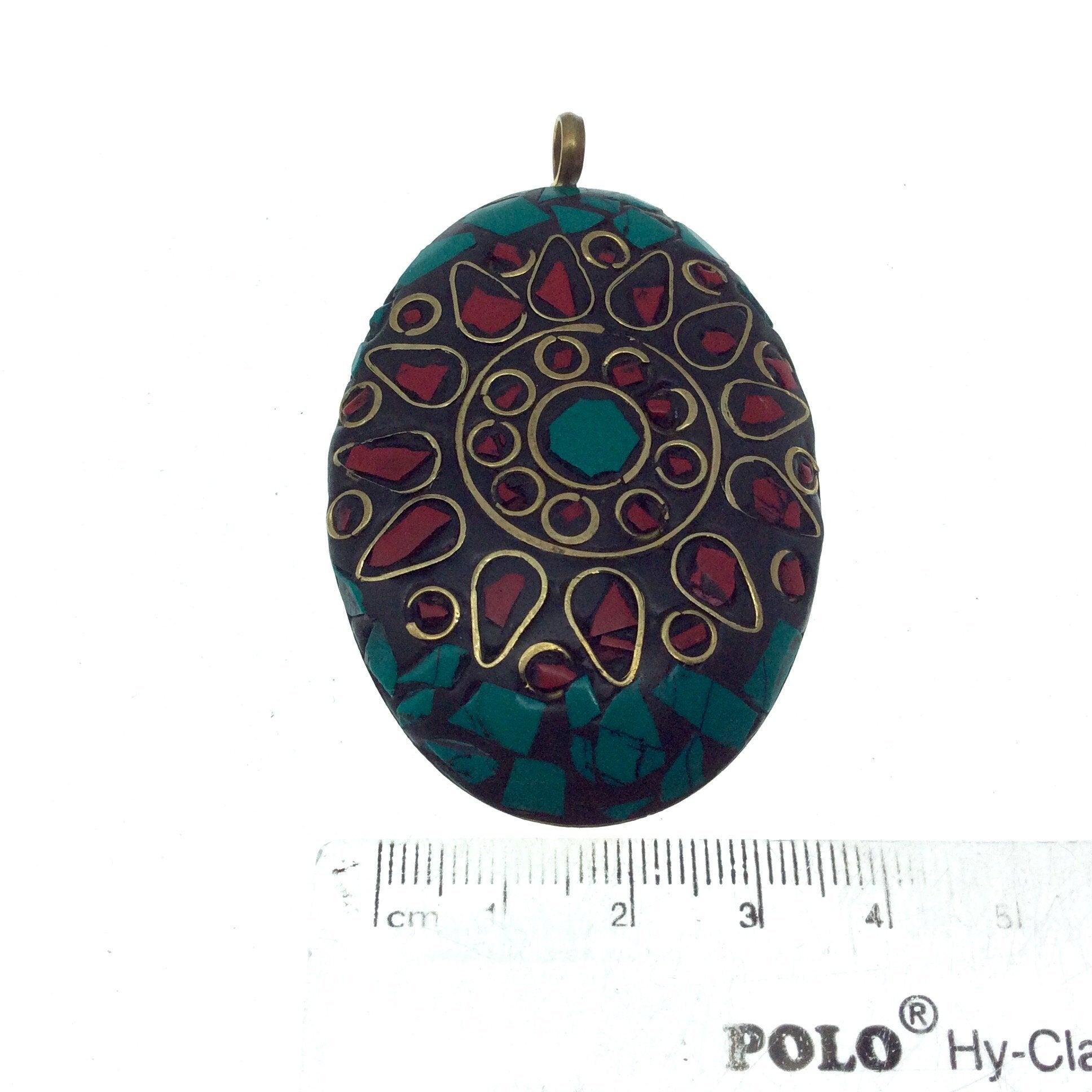 OOAK 2" Red/Black/Green Natural Stone and Resin Rustic Mosaic Oval/Oblong Shape Gold Plated Pendant W Brass Insets  ~ 40mm x 60mm.