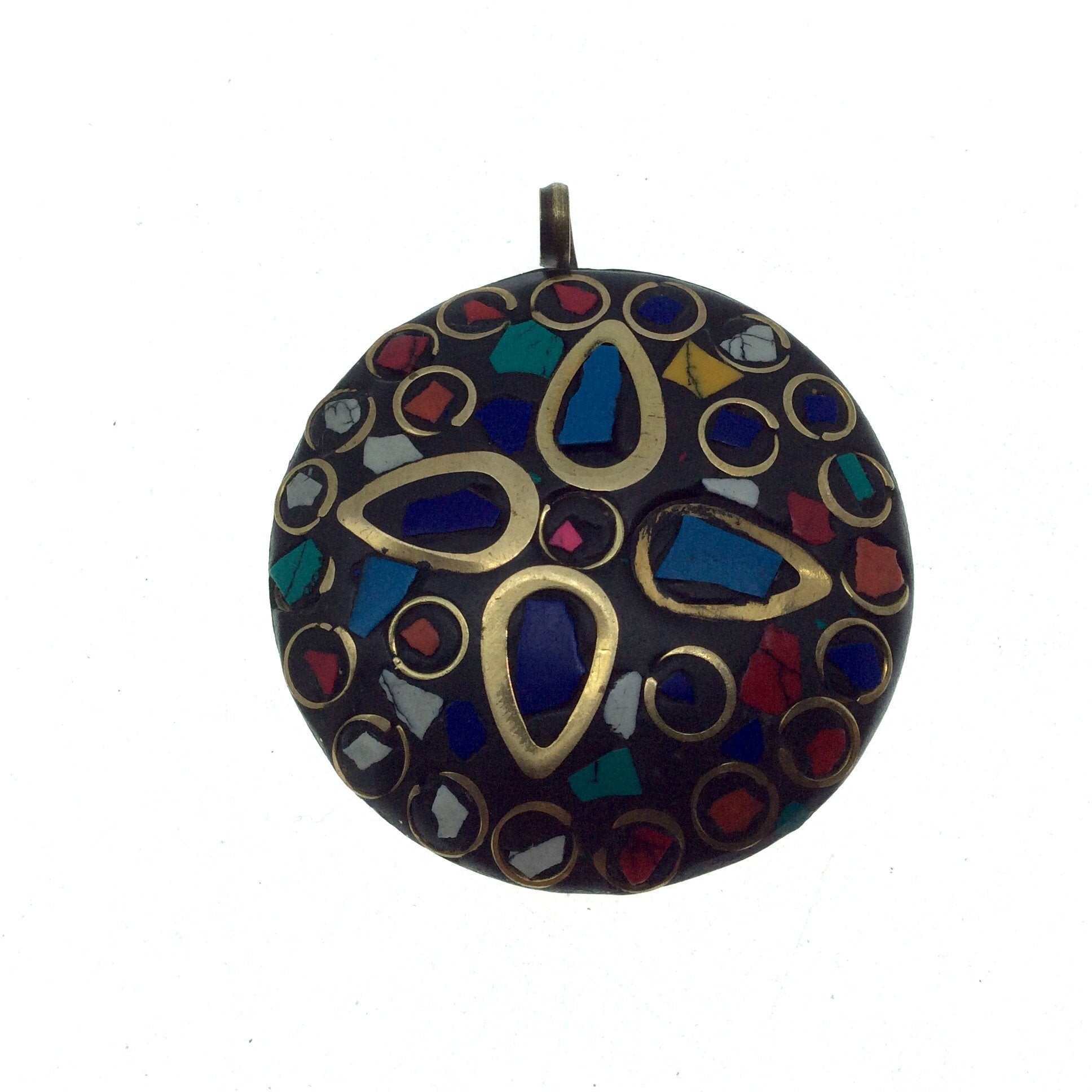 OOAK 2" Multicolor/Black Natural Stone and Resin Rustic Mosaic Round/Disc Shape Gold Plated Pendant W Brass Insets  ~ 48mm x 48mm.