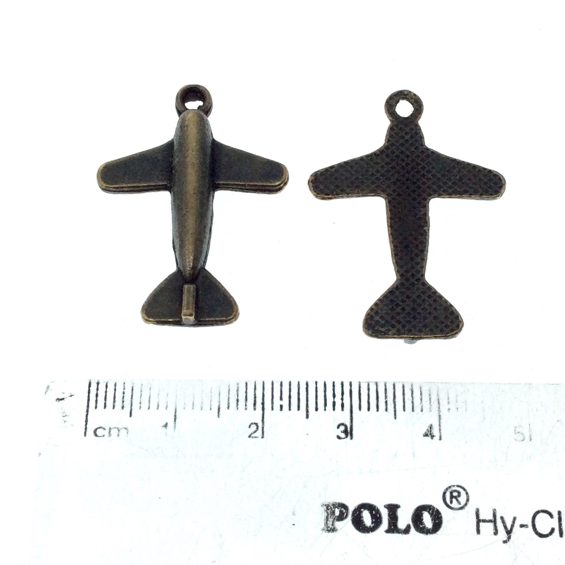 Antique Brass Plated Copper Airplane Pendant with One Ring- Measuring 22mm x 28mm - Sold Individually, Chosen at Random