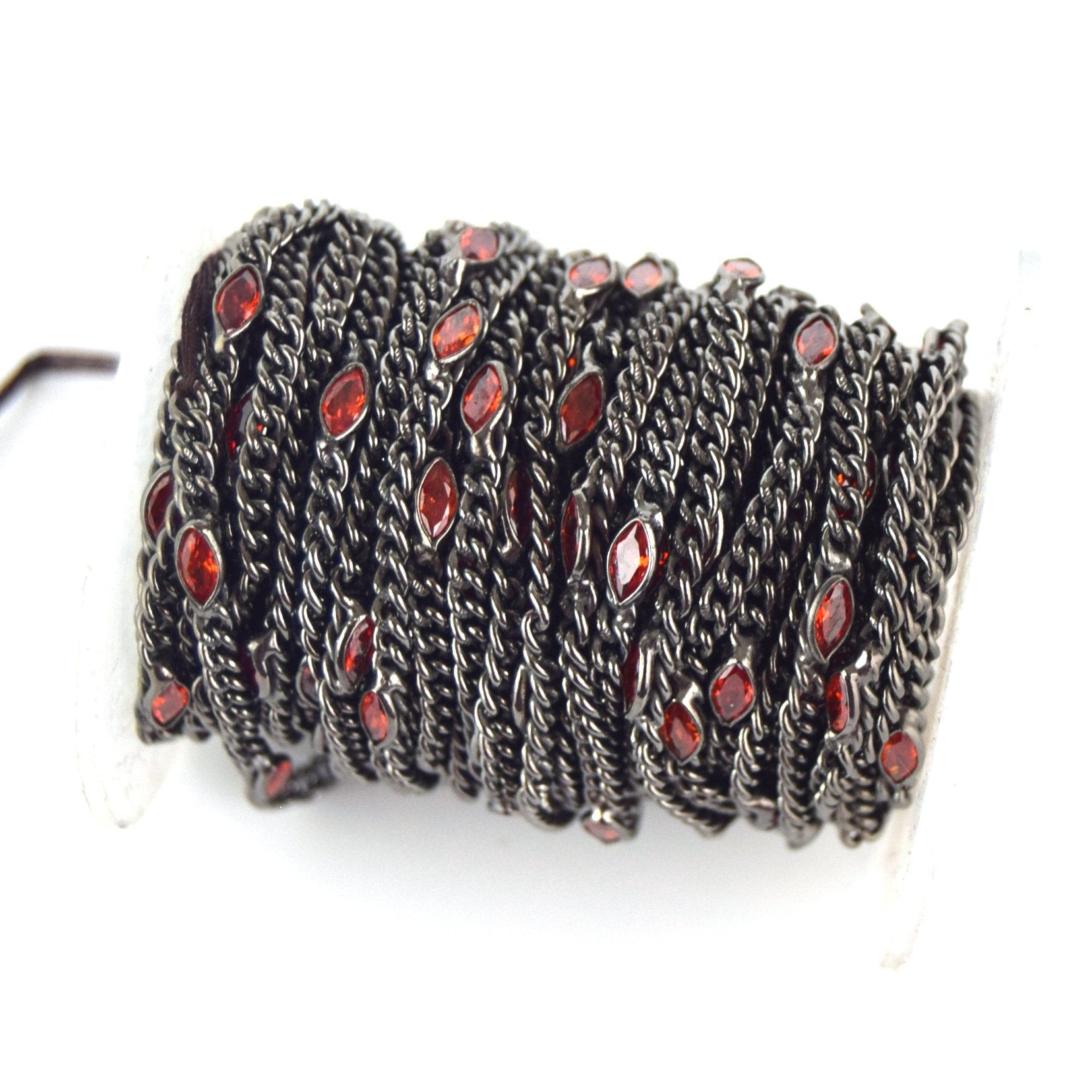 Gunmetal Plated Copper with 6mm Faceted Red Hydro Quartz Marquise Spaced Bezel Link Rosary Chain