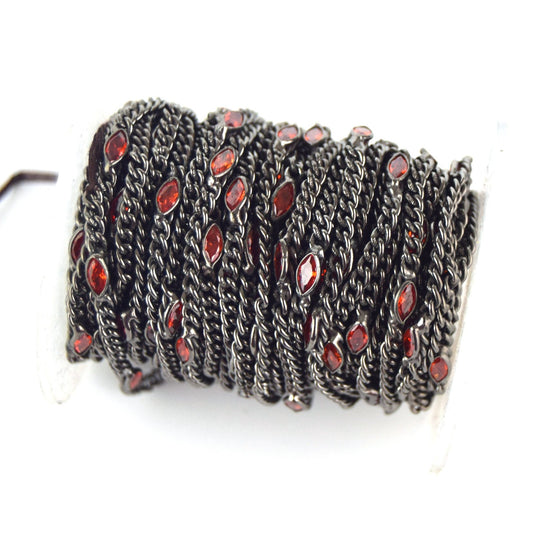 Gunmetal Plated Copper with 6mm Faceted Red Hydro Quartz Marquise Spaced Bezel Link Rosary Chain