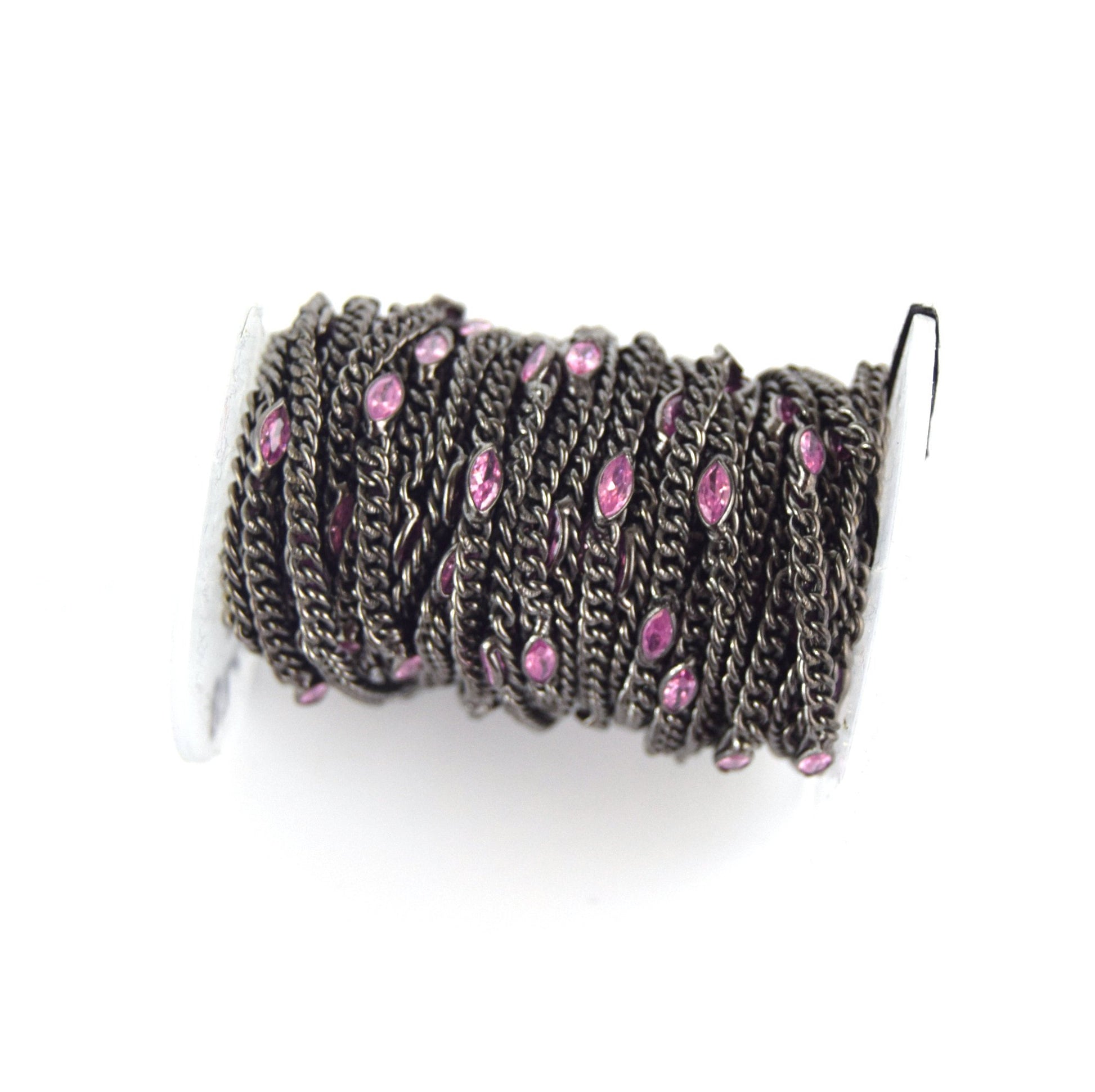 Gunmetal Plated Copper Spaced with 6mm Faceted Pink Hydro Quartz Marquise Bezel Link Rosary Chain