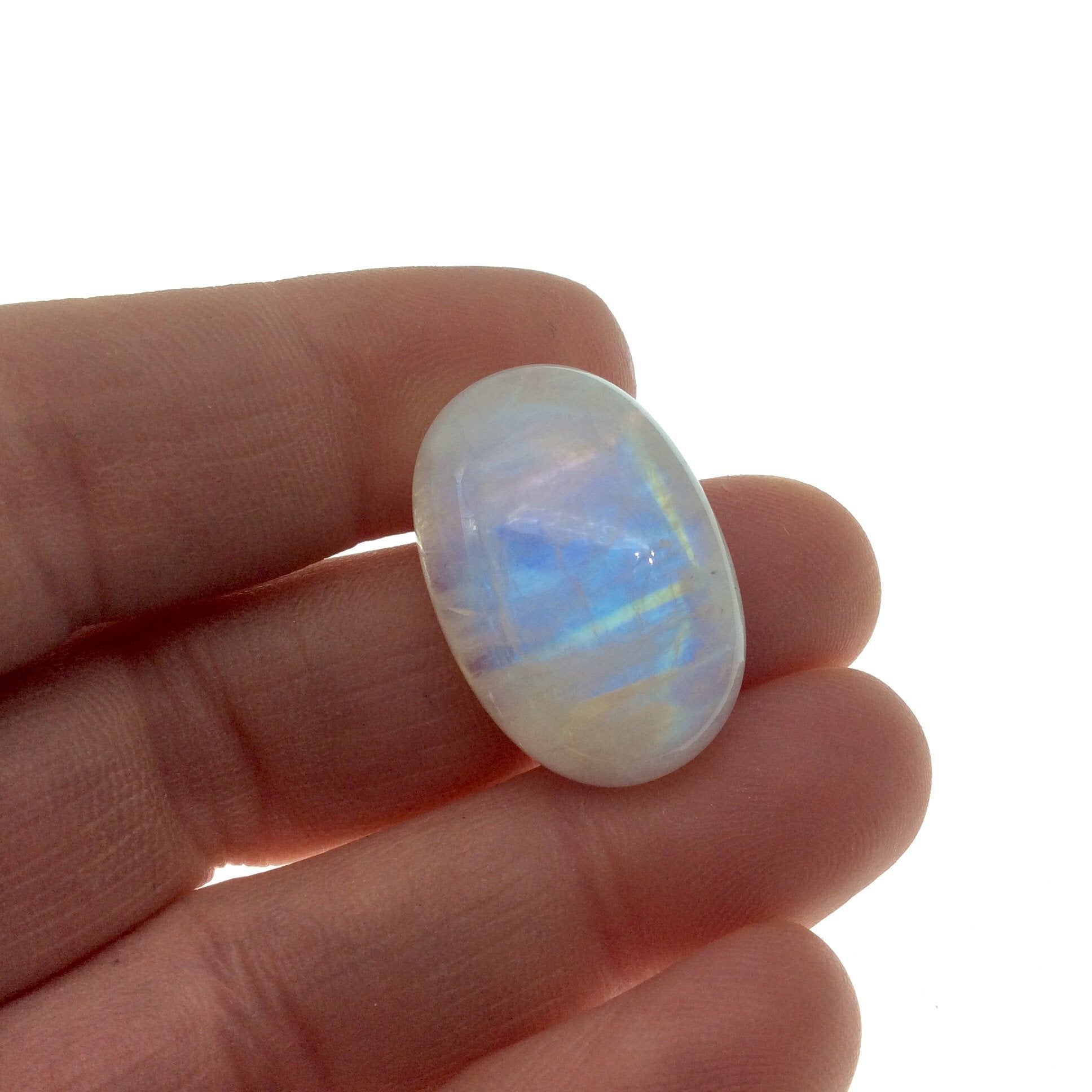 OOAK Single AAA Oval Shaped Iridescent Aqua/Blue Moonstone Flat Back Cabochon - Measuring 18mm x 27mm, 7.8mm Dome Height - Gemstone Cab