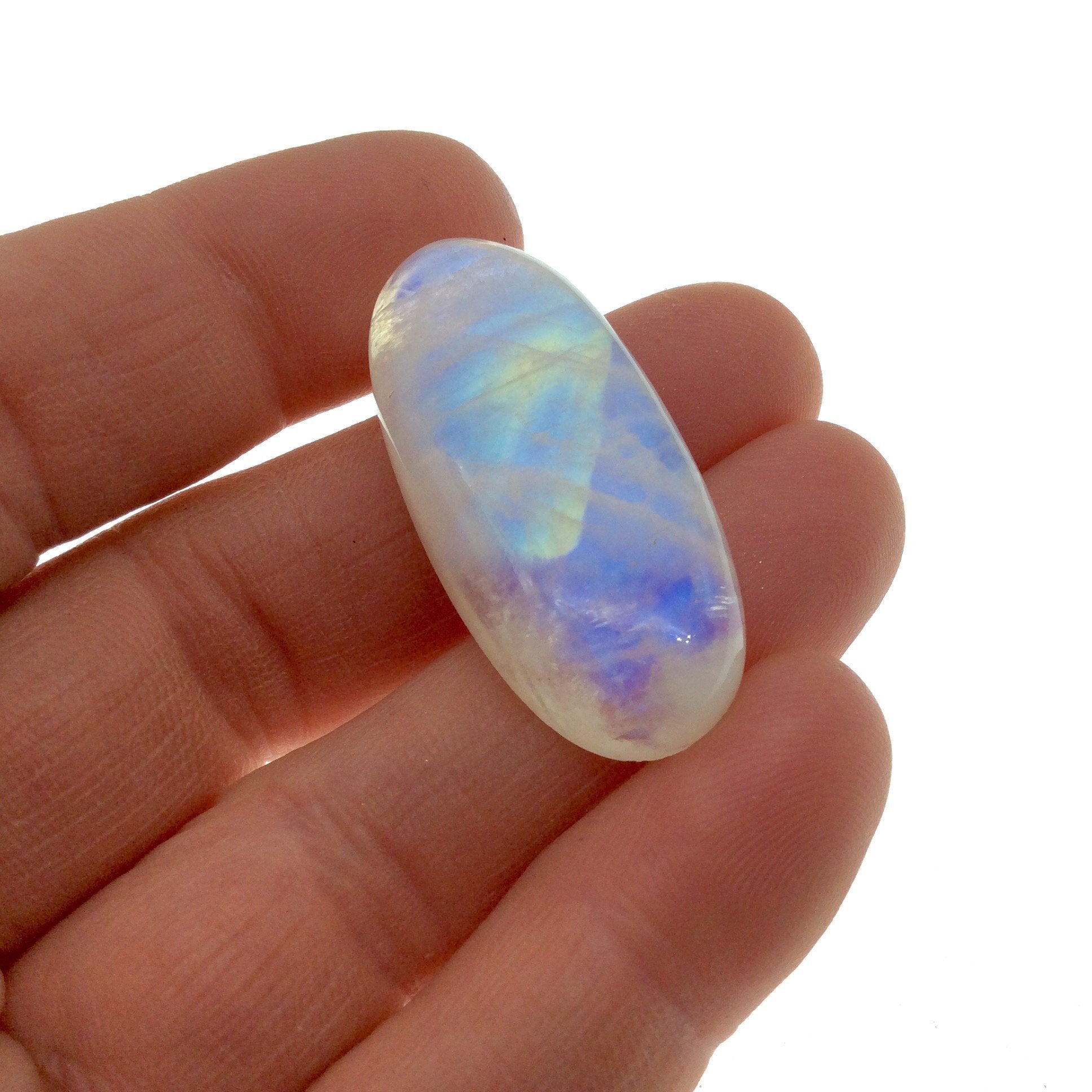 OOAK Single AAA Oval Shaped Iridescent Aqua/Blue Moonstone Flat Back Cabochon - Measuring 18mm x 39mm, 8.3mm Dome Height - Gemstone Cab