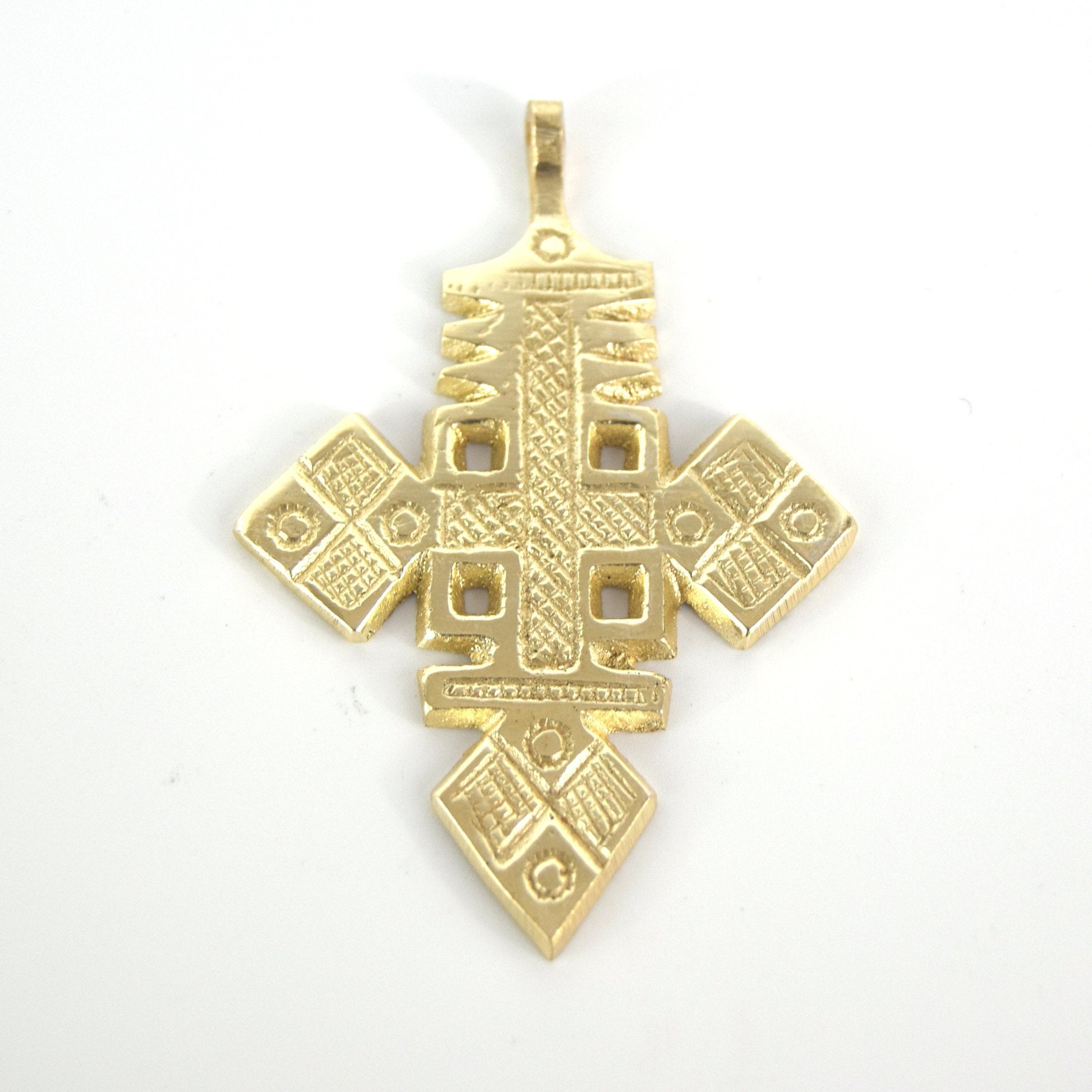 3.5" Bright Gold Ethiopian Cross Shaped (Style B) Plated Brass Pendant with Bail - Measuring 57mm x 92mm - Sold Individually
