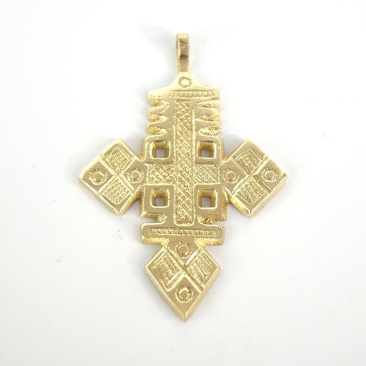 3.5" Bright Gold Ethiopian Cross Shaped (Style B) Plated Brass Pendant with Bail - Measuring 57mm x 92mm - Sold Individually
