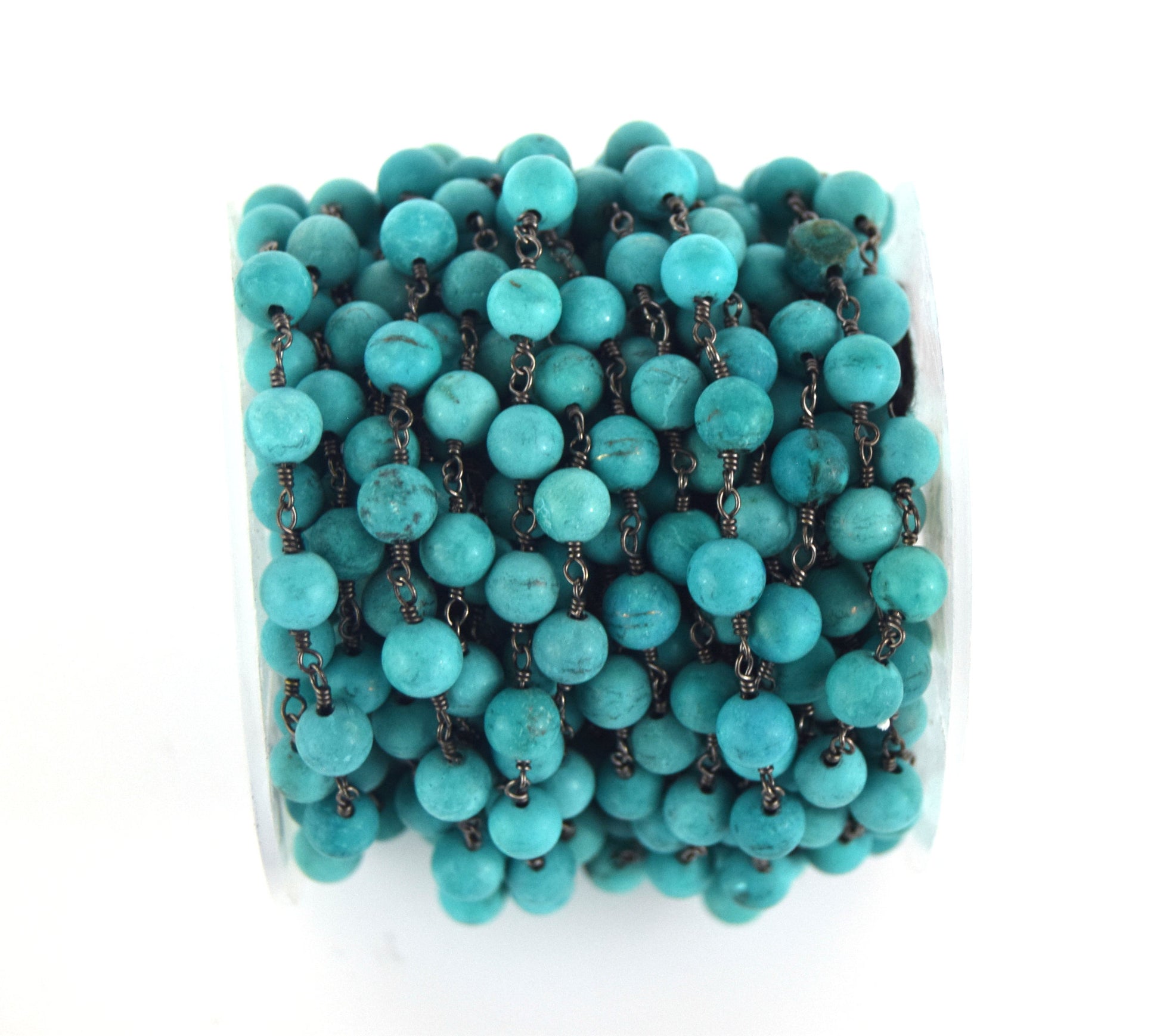Gunmetal Plated Copper Rosary Chain with 7mm Matte Round Shaped Reconstituted Green Turquoise Beads