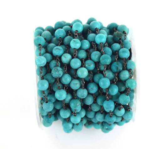 Gunmetal Plated Copper Rosary Chain with 7mm Matte Round Shaped Reconstituted Green Turquoise Beads