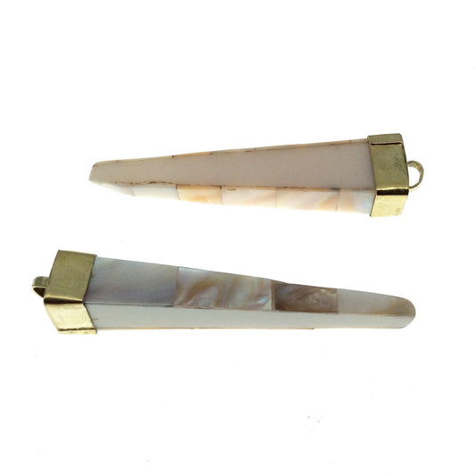 2.75" Iridescent White Natural Abalone Shell Double Side Inlaid Rectangular Pointed Spike Shaped Pendant with Gold Cap-Measuring 15mm x 75mm
