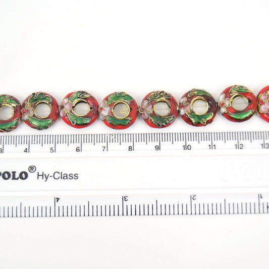 15mm Decorative Floral Multicolor Red Donut/Ring Shaped Metal/Enamel Cloisonné Beads - Sold by 15" Strands (Approx. 27 Beads Per Strand)
