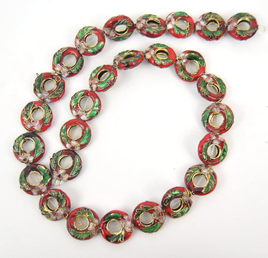 15mm Decorative Floral Multicolor Red Donut/Ring Shaped Metal/Enamel Cloisonné Beads - Sold by 15" Strands (Approx. 27 Beads Per Strand)