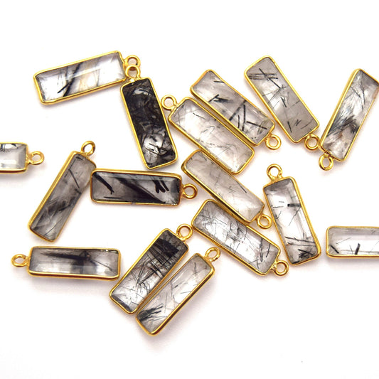 Gold Vermeil Faceted Cut Stone Rectangle Shaped Black Rutilated Quartz Bezel Pendant- Measuring 5mm x 15mm - Sold Per Piece