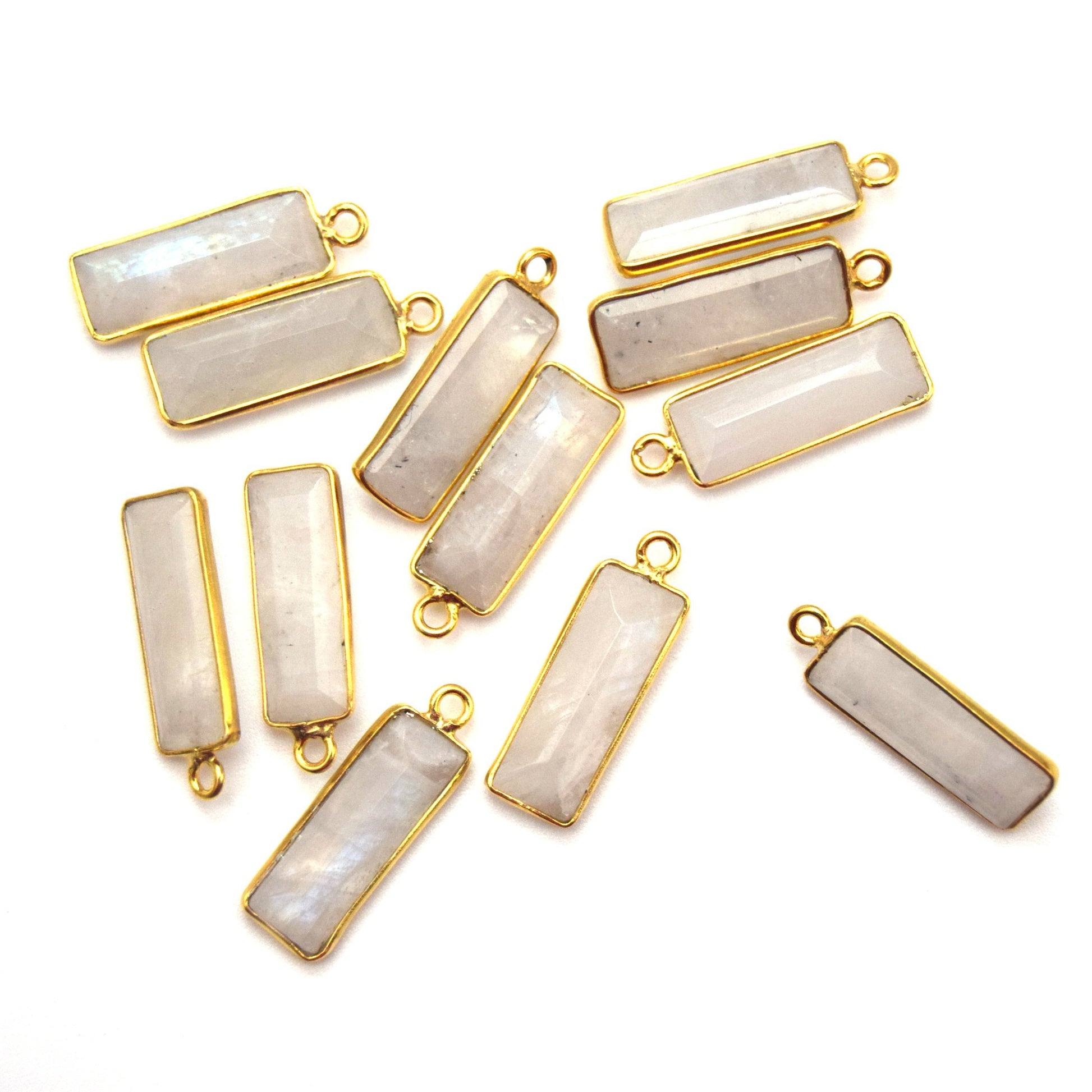 Gold Vermeil Faceted Cut Stone Rectangle Shaped Rainbow Moonstone Bezel Pendant - Measuring 5mm x 15mm - Sold Per Piece