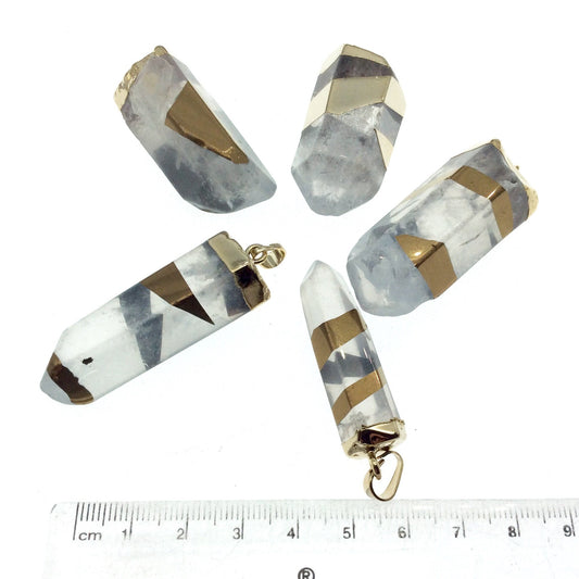 Gold Electroformed Spiral Design Raw/Natural Clear Quartz Nugget Point Pendant - Measuring 30-45mm Long, Approx. - Sold Individually/Random