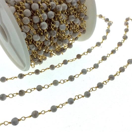 Guold Plated Copper Rosary Chain with 4mm Smooth Round Shaped White Buffalo Turquoise Beads - Sold by the Foot! - Natural Beaded Chain