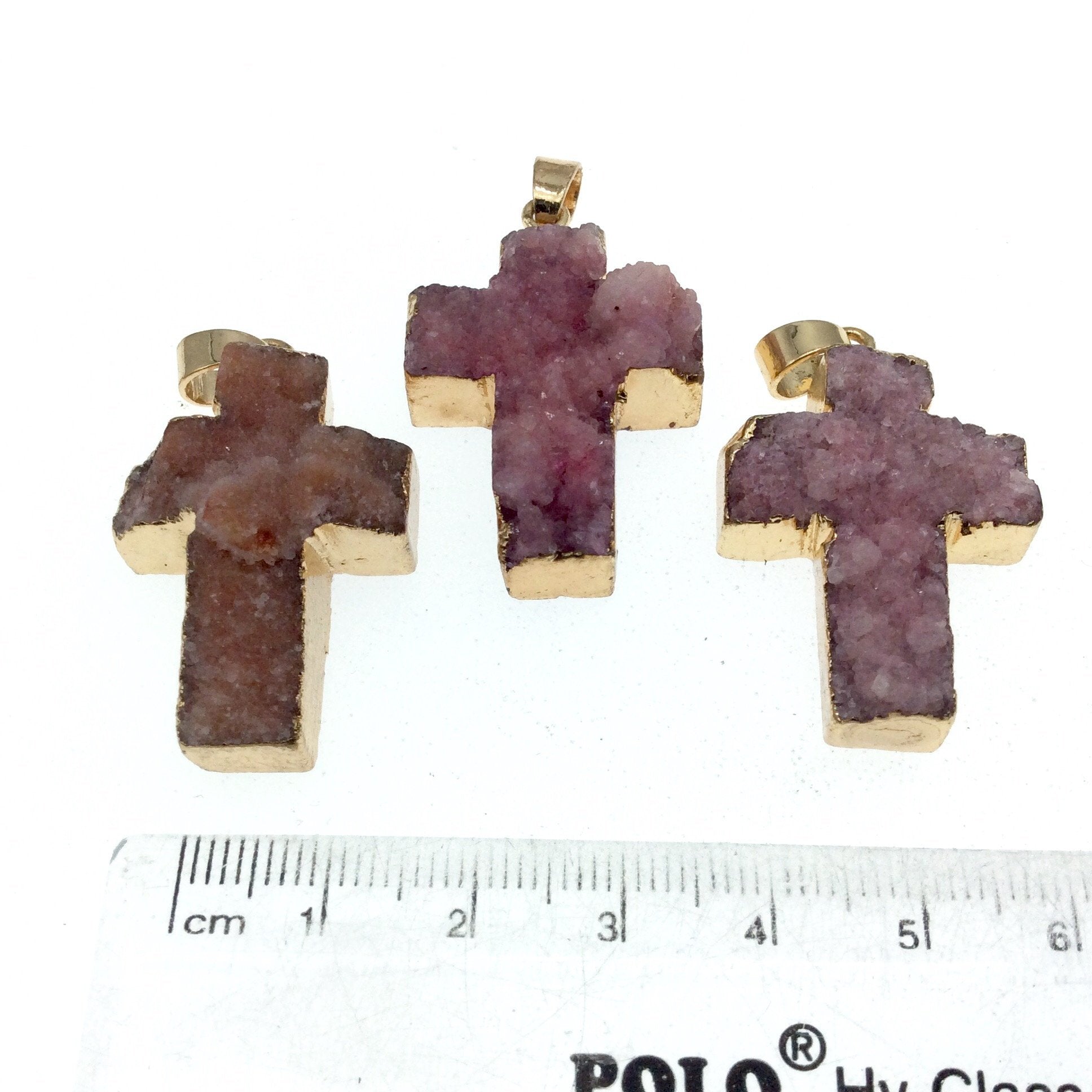 Gold Plated Cross Shaped Pink Druzy Focal Pendant - Measuring 22mm x 30mm Approx. - Natural Stone Pendant - Sold Individually/Random
