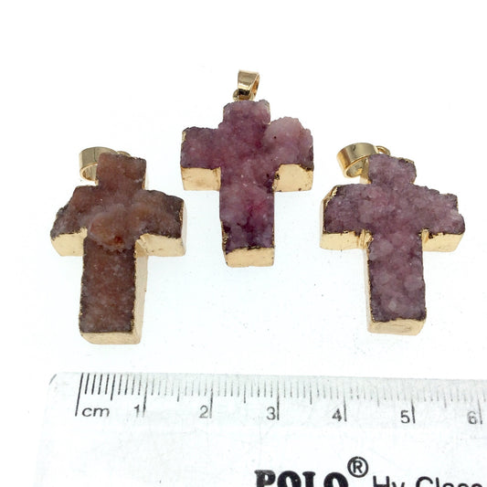 Gold Plated Cross Shaped Pink Druzy Focal Pendant - Measuring 22mm x 30mm Approx. - Natural Stone Pendant - Sold Individually/Random