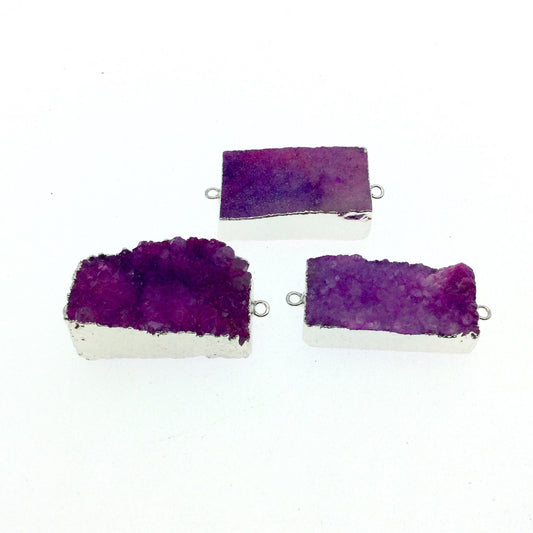 Silver Plated Pink Druzy Stone Bar/Rectangle Shaped Connector Component - Measuring 20mm x 35mm, Approximately - Sold Individually