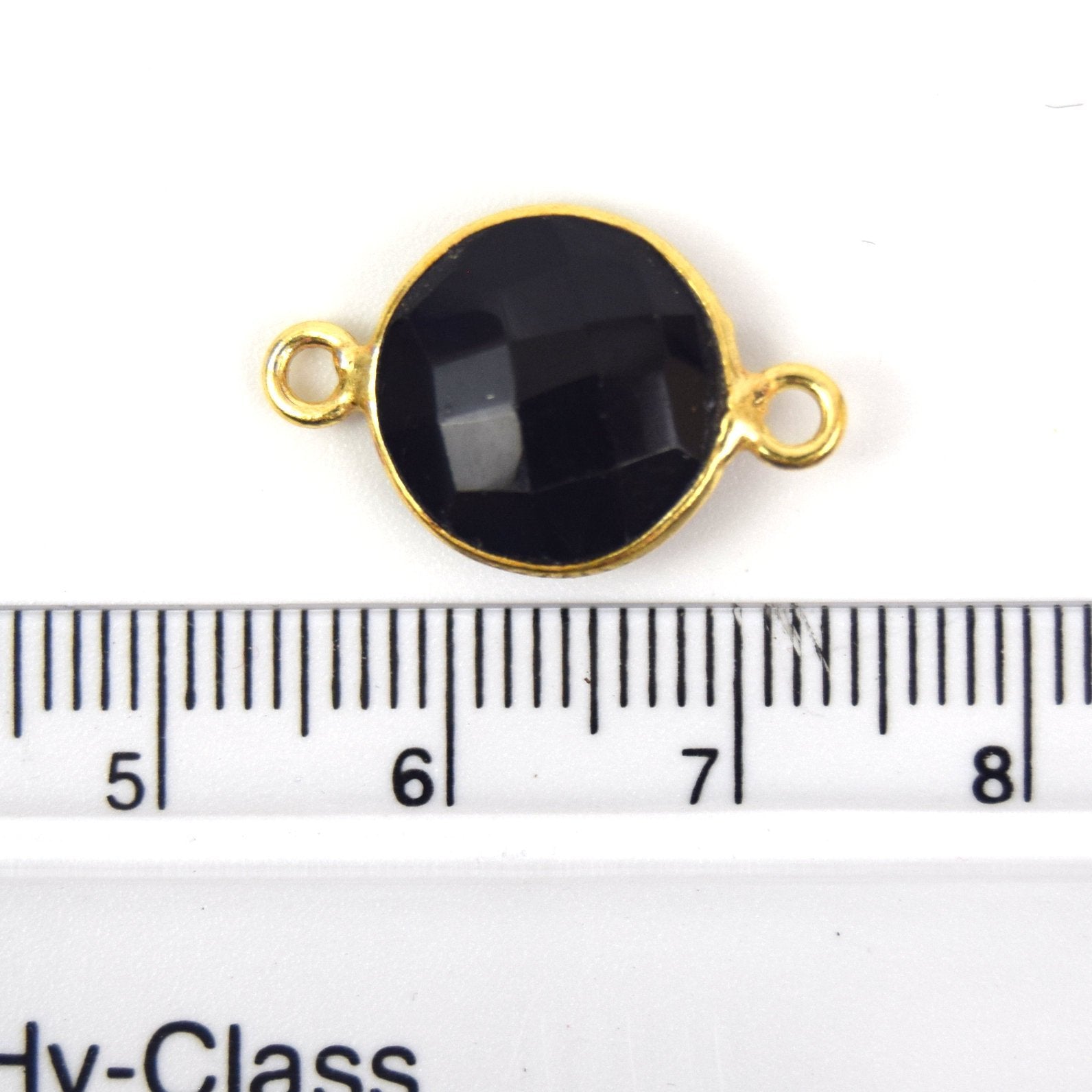 Gold Plated Faceted Hydro (Lab Created) Jet Black Onyx Round/Coin Shaped Bezel Connector - Measuring 12mm x 12mm - Sold Individually