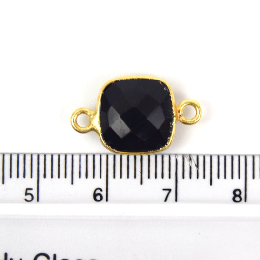 Gold Plated Faceted Hydro (Lab Created) Jet Black Onyx Square Shaped Bezel Connector - Measuring 10mm x 10mm - Sold Individually