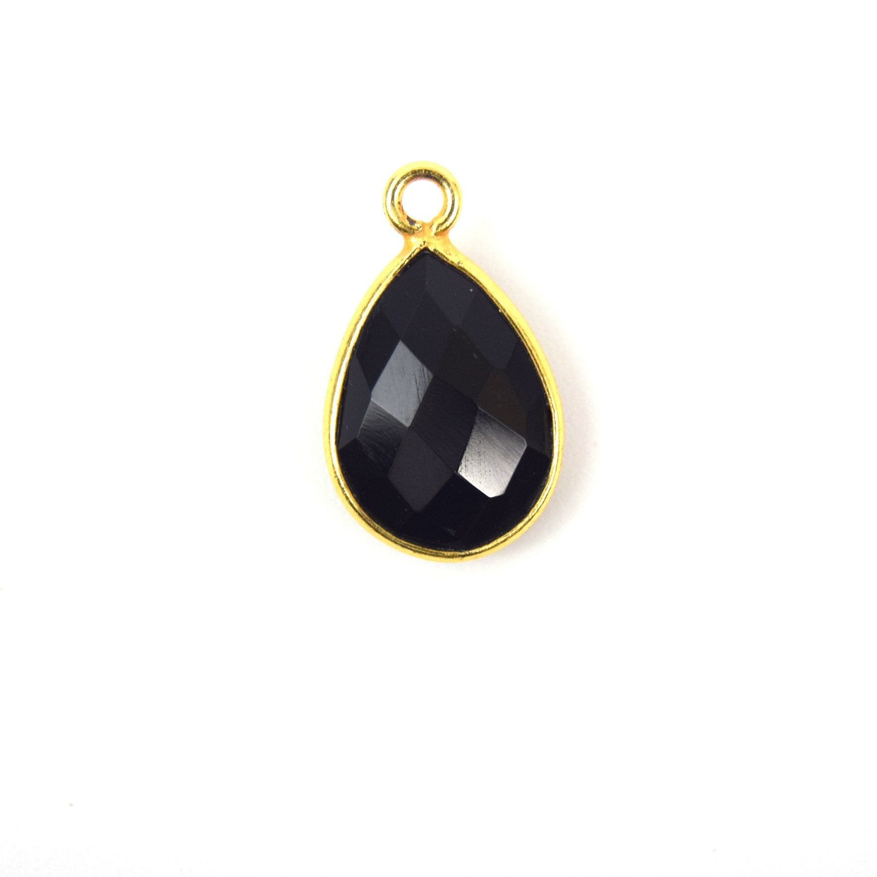Gold Plated Faceted Hydro (Lab Created) Jet Black Onyx Pear/Teardrop Shaped Bezel Pendant - Measuring 10mm x 13mm - Sold Individually