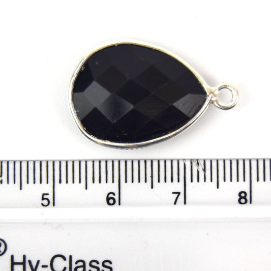 Silver Plated Faceted Hydro (Lab Created) Jet Black Onyx Heart/Teardrop Shaped Bezel Connector - Measuring 15mm x 20mm - Sold Individually