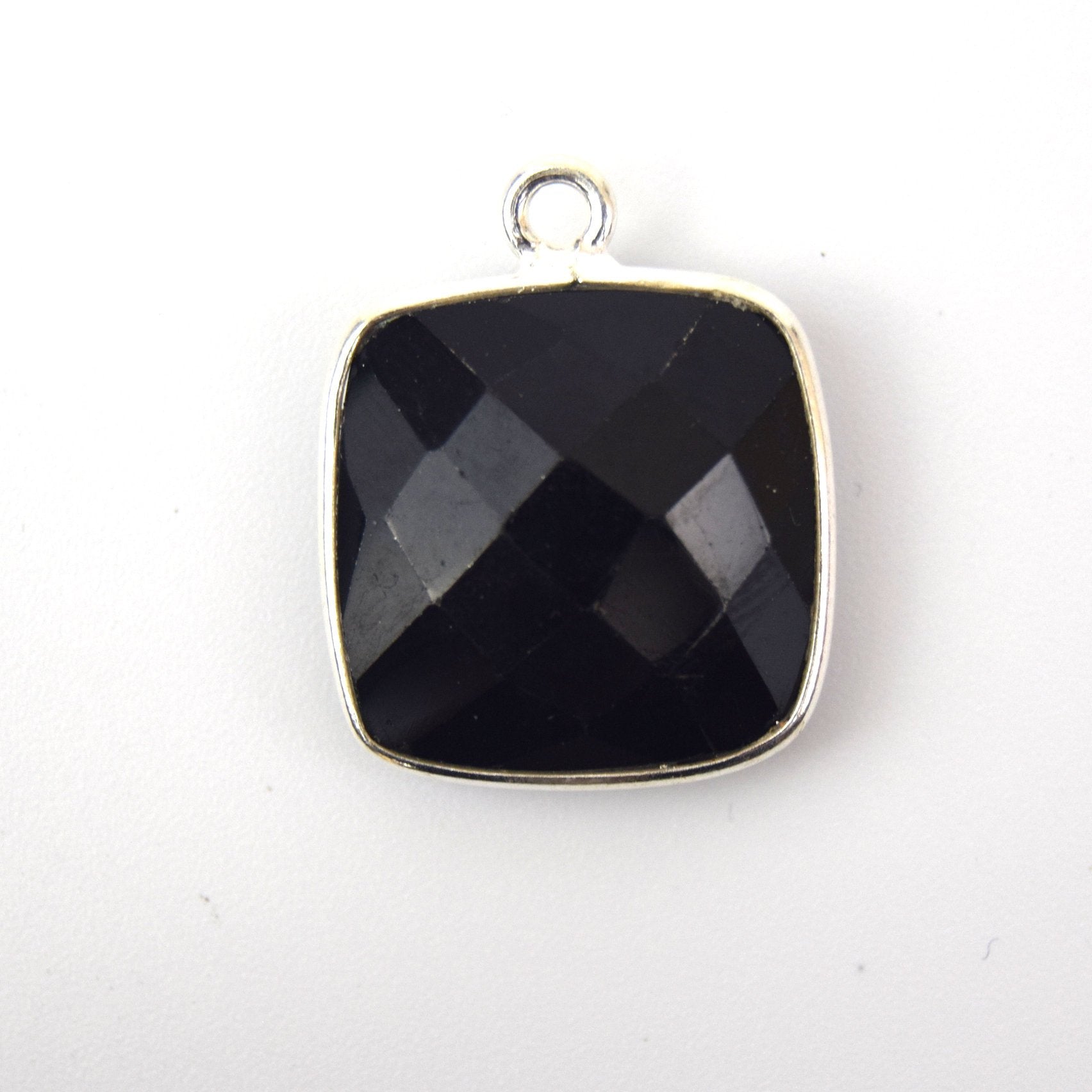 Silver Plated Faceted Hydro (Lab Created) Jet Black Onyx Square Shaped Bezel Connector - Measuring 18mm x 18mm - Sold Individually