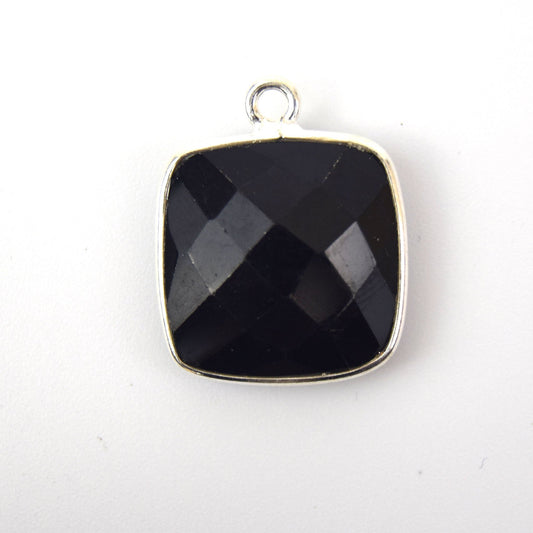 Silver Plated Faceted Hydro (Lab Created) Jet Black Onyx Square Shaped Bezel Connector - Measuring 18mm x 18mm - Sold Individually