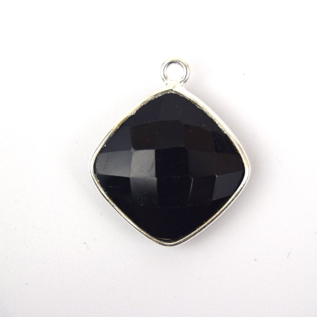 Silver Plated Faceted Hydro (Lab Created) Jet Black Onyx Diamond Shaped Bezel Pendant - Measuring 20mm x 20mm - Sold Individually