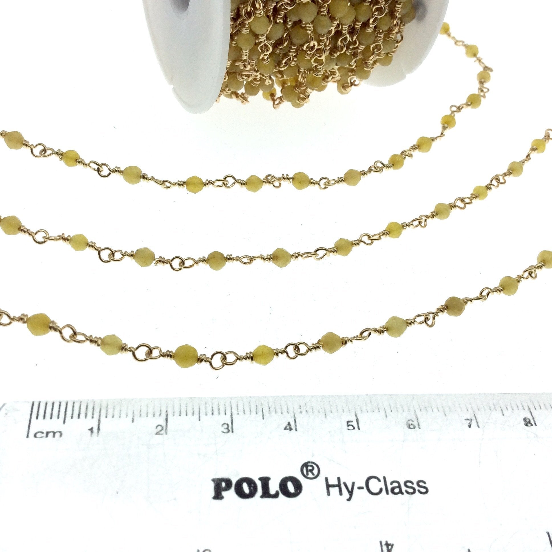 Gold Plated Copper Rosary Chain with 4mm Faceted Round Shaped Yellow Agate Beads (CH219-GD) - Sold by the Foot! - Natural Beaded Chain