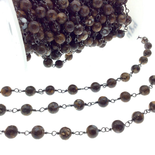 Gunmetal Plated Copper Wrapped Rosary Chain with 8mm Smooth Fire Lace Agate Round Shaped Beads - Sold by the foot!