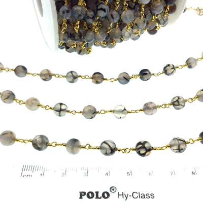 Gold Plated Copper Wrapped Rosary Chain with 8mm Faceted Dragon Vein Gray Agate Round Shaped Beads - Sold by the foot!