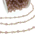 Gold Plated Copper Wrapped Rosary Chain with 6mm Faceted Pink Agate Round Shaped Beads - Sold by the foot!