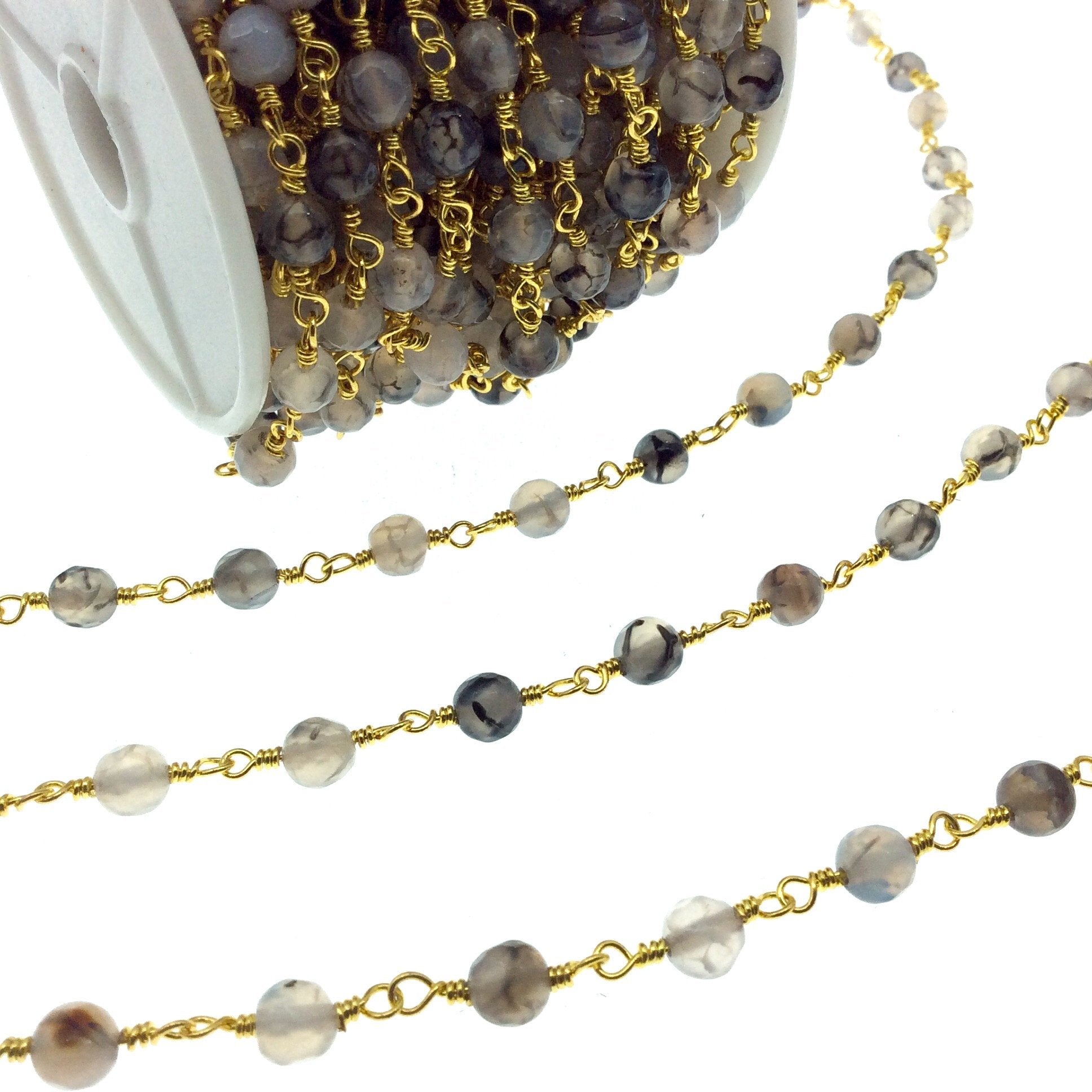 Gold Plated Copper Wrapped Rosary Chain with 6mm Faceted Dragon Vein Agate Round Shaped Beads - Sold by the foot!