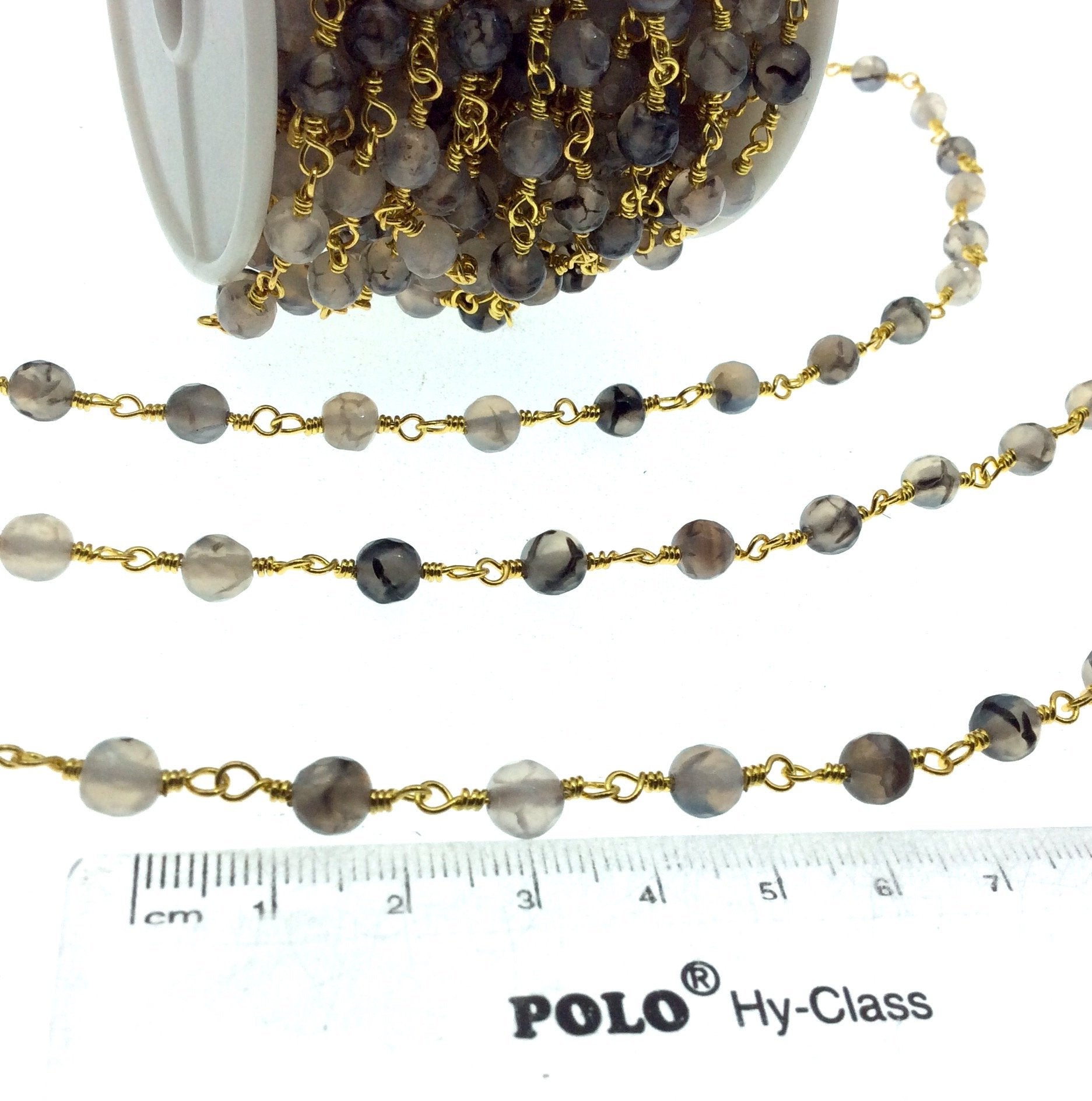 Gold Plated Copper Wrapped Rosary Chain with 6mm Faceted Dragon Vein Agate Round Shaped Beads - Sold by the foot!