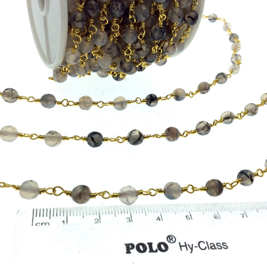 Gold Plated Copper Wrapped Rosary Chain with 6mm Faceted Dragon Vein Agate Round Shaped Beads - Sold by the foot!