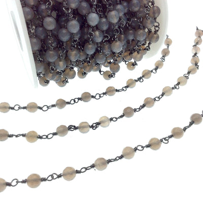 Gunmetal Plated Copper Rosary Chain with 6mm Faceted Round Gray Agate Beads - Sold by the Foot! (CH341-GM) - Semi-Precious Beaded Chain