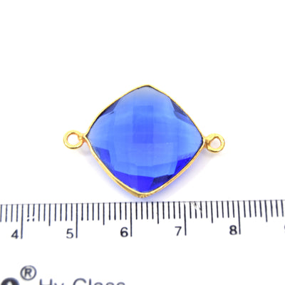 Gold Plated Faceted Hydro (Lab Created) Transparent Cobalt Diamond Shaped Bezel Connector - Measuring 18mm x 18mm - Sold Individually