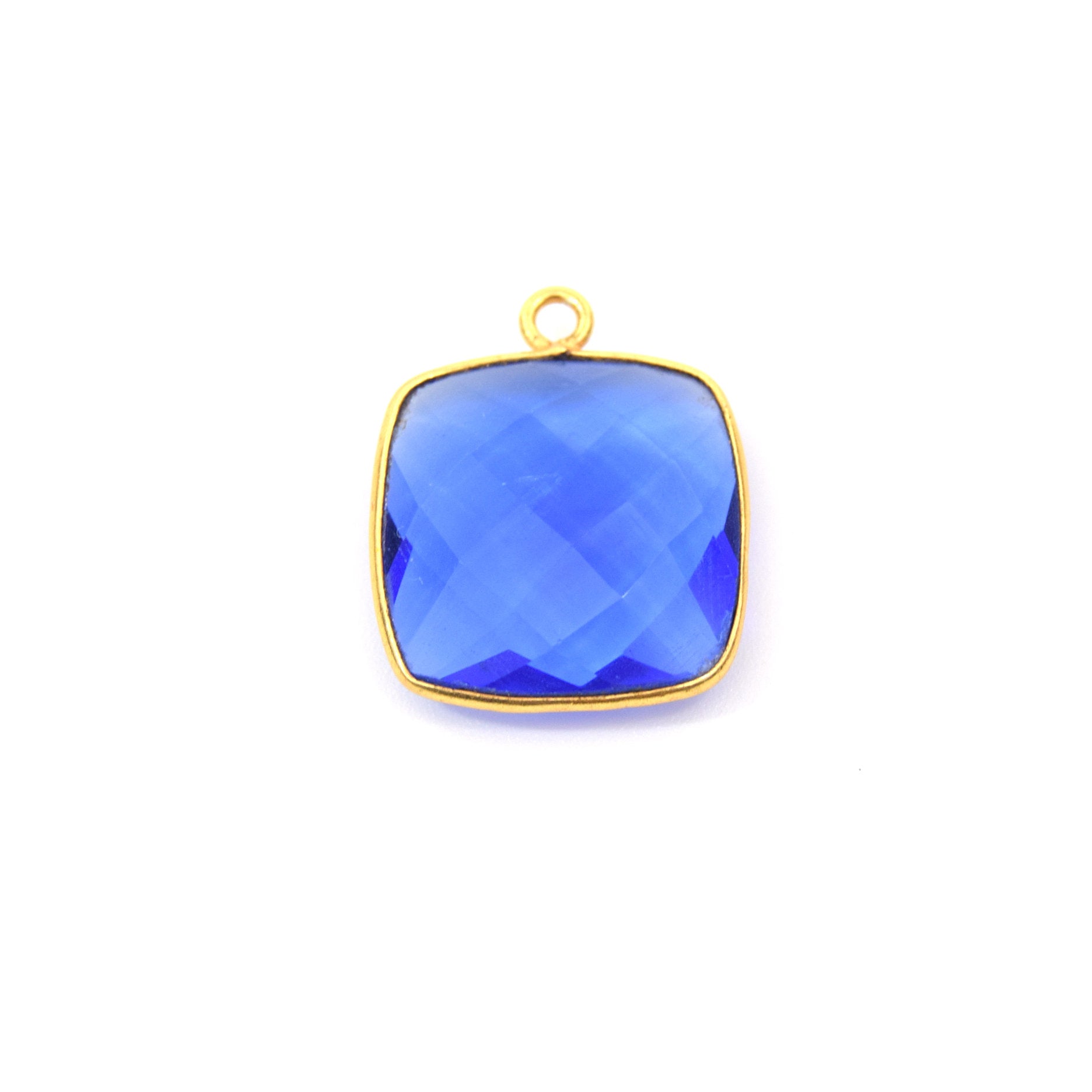Gold Plated Faceted Hydro (Lab Created) Transparent Cobalt Square Shaped Bezel Pendant - Measuring 18mm x 18mm - Sold Individually