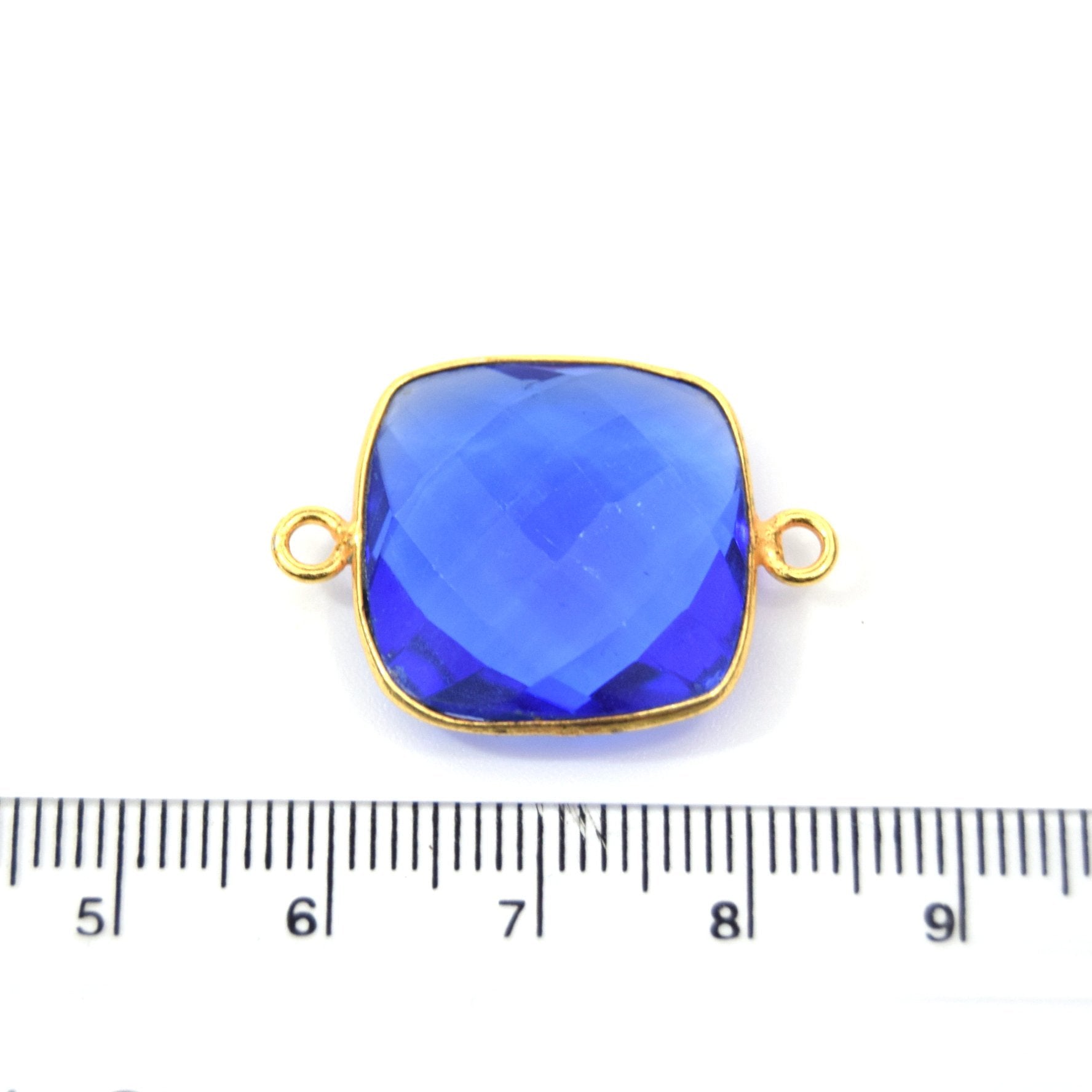 Gold Plated Faceted Hydro (Lab Created) Transparent Cobalt Square Shaped Bezel Connector - Measuring 18mm x 18mm - Sold Individually
